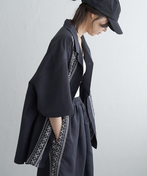 刺繍 レーヨン キューバシャツ 開襟 黒 XL 竹 XL☆古着 半袖 キューバ シャツ メンズ 刺繍 開襟 オープン