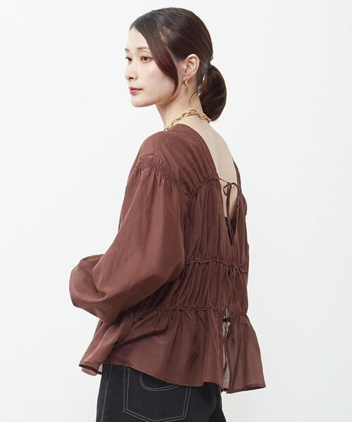 【ブラウン】綿シルク前後2WAYリボンギャザーブラウス SOFFITTO（ソフィット） ブラウス シャツ 綿シルク前後2WAYリボン