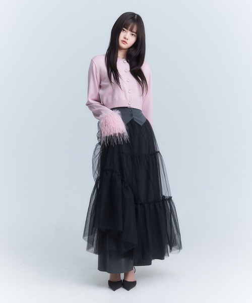 【美品】eimy istoire エイミーイストワール フェイクフェザー カーデ フェイクフェザーカフスカーデ(F WHITE): TOPS