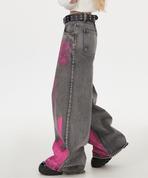 Mペイントデザインデニムパンツ 34x35 mushwear（マッシュウェア） ワイドパンツ ジーンズ ペイントデザイン