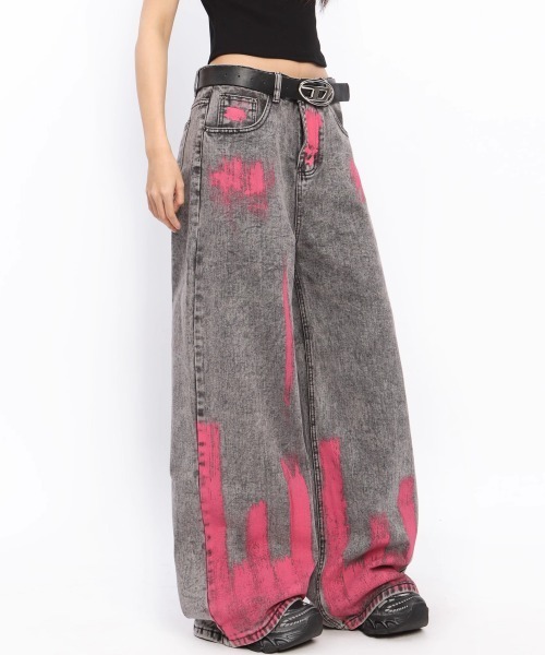 Mペイントデザインデニムパンツ 34x35 mushwear（マッシュウェア） ワイドパンツ ジーンズ ペイントデザイン
