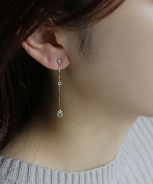 queite ピアス K10 YG ストーンロングピアス グリーンアメジスト
