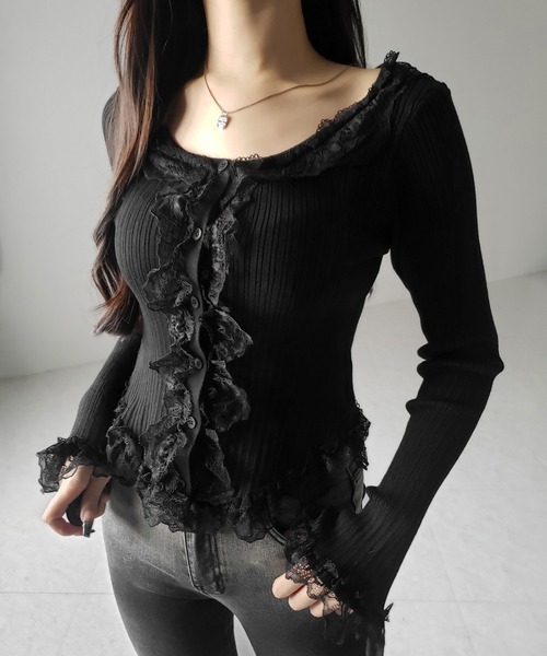 カーディガン 「 ３color 」レースフリルドッキングリブニットカーディガン ／ lace frill docking rib knit cardi