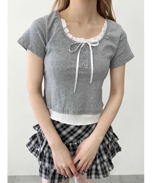 tシャツ フリルリボンネックフェイクレイヤードトップス レディース tシャツ 「PHILLY」フェイクレイヤードフロントリボンT