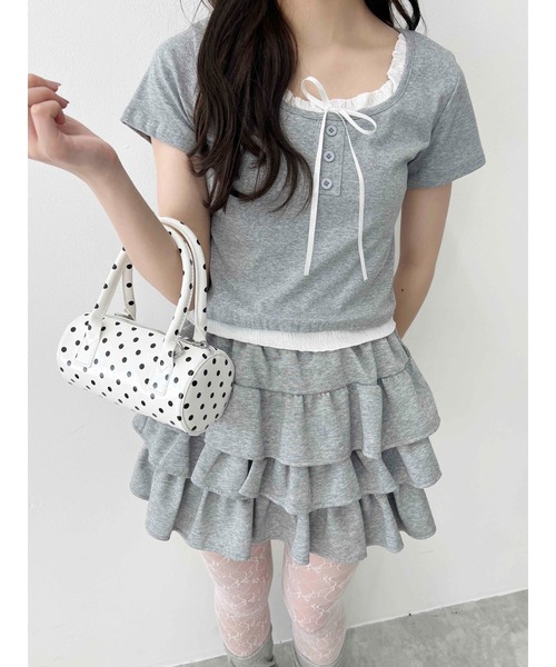 tシャツ フリルリボンネックフェイクレイヤードトップス レディース fit=scale-down,w=1200