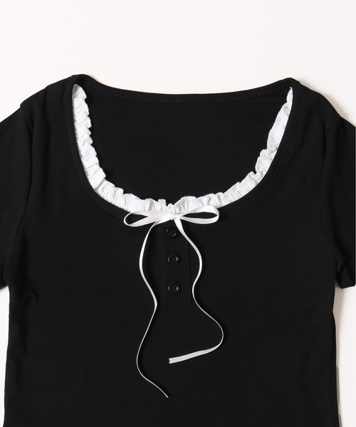 tシャツ フリルリボンフェイクレイヤードトップス レディース tシャツ フリルリボンフェイクレイヤードトップス レディース