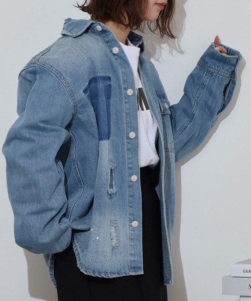 goa - ハヤブサ☆goa 10ozデニムリメイクオーバーサイズシャツ FUNALIVE（ファンアライブ） スマホショルダー シャツ ALCARZA 10oz