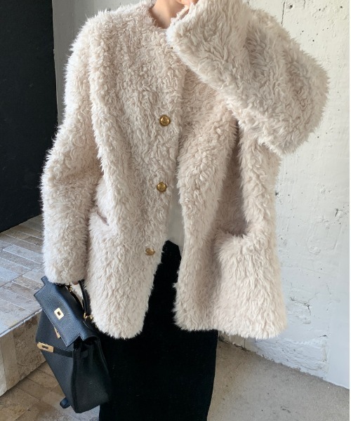 CLANE - ノーカラーファーコート - NO-COLLAR FUR COAT - ivory