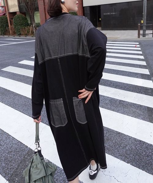 CORNERS ワンピース 配色ステッチオーバーサイズ長袖Tシャツ