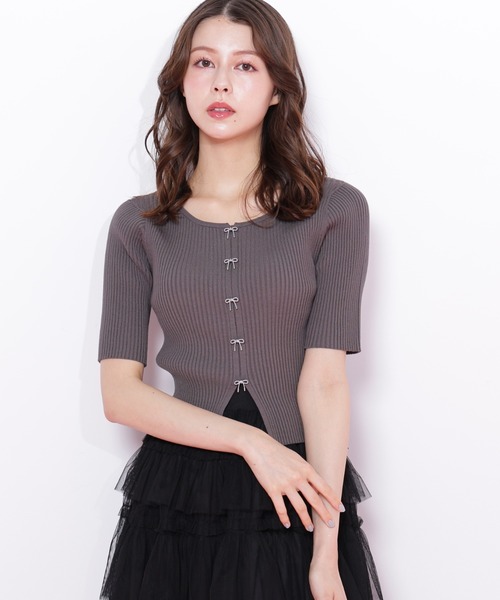 【新品】JILL by JILL STUART 薄手 リブニット セーター ペンタゴンネック 後ろリボン 7分袖 ストレッチ 綿×レーヨン等 F 紺 レディース 衿付きリブニット | JILL by JILL STUART（ジル バイ ジル