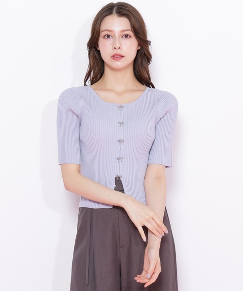 【新品】JILL by JILL STUART 薄手 リブニット セーター ペンタゴンネック 後ろリボン 7分袖 ストレッチ 綿×レーヨン等 F 紺 レディース JILL by STUART ニット セーター リボンビジューリブニット