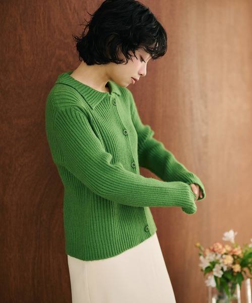 カーディガン wave buttton collared rib knit cardigan /襟付きワイド