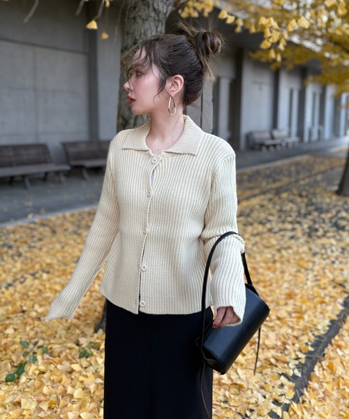 カーディガン wave buttton collared rib knit cardigan /襟付きワイド