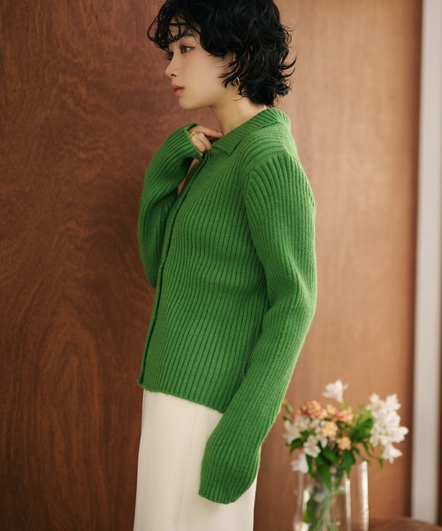 カーディガン wave buttton collared rib knit cardigan /襟付きワイド