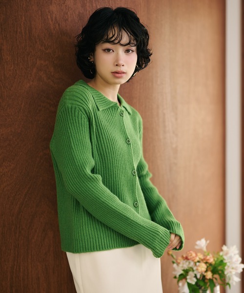 カーディガン wave buttton collared rib knit cardigan /襟付きワイド