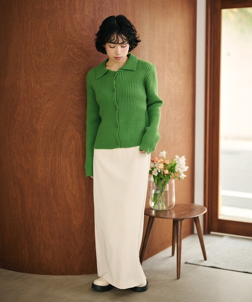 カーディガン wave buttton collared rib knit cardigan /襟付きワイド