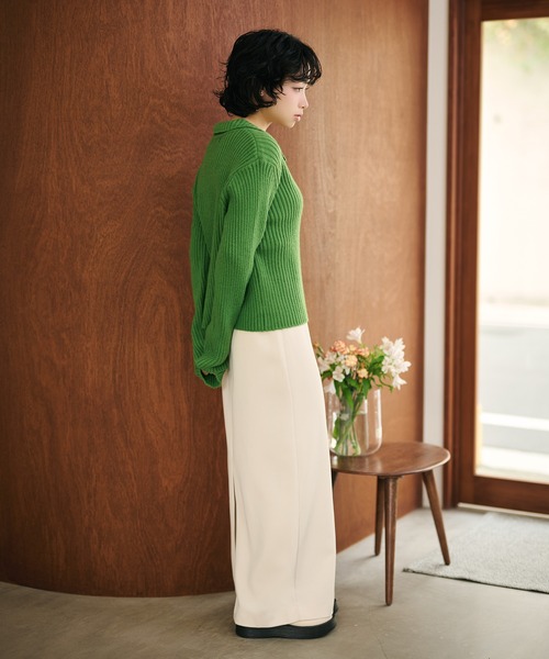 カーディガン wave buttton collared rib knit cardigan /襟付きワイド