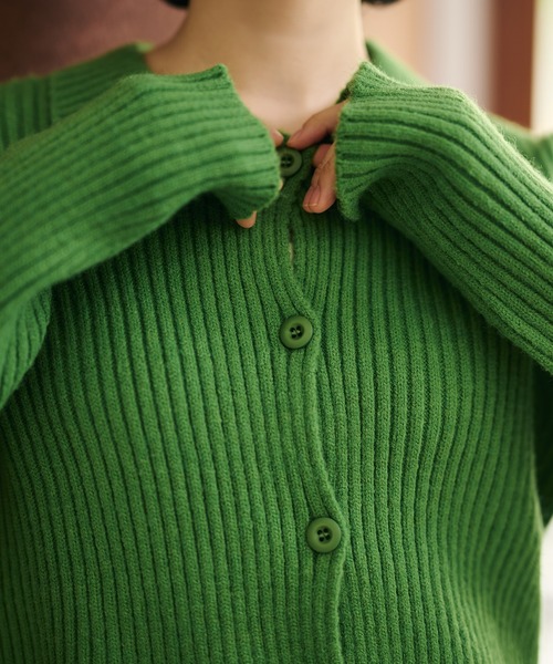 カーディガン wave buttton collared rib knit cardigan /襟付きワイド