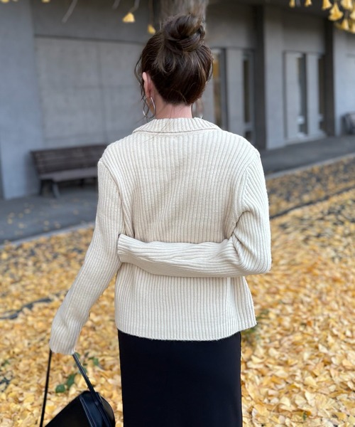 カーディガン wave buttton collared rib knit cardigan /襟付きワイド