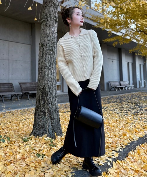 カーディガン wave buttton collared rib knit cardigan /襟付きワイド