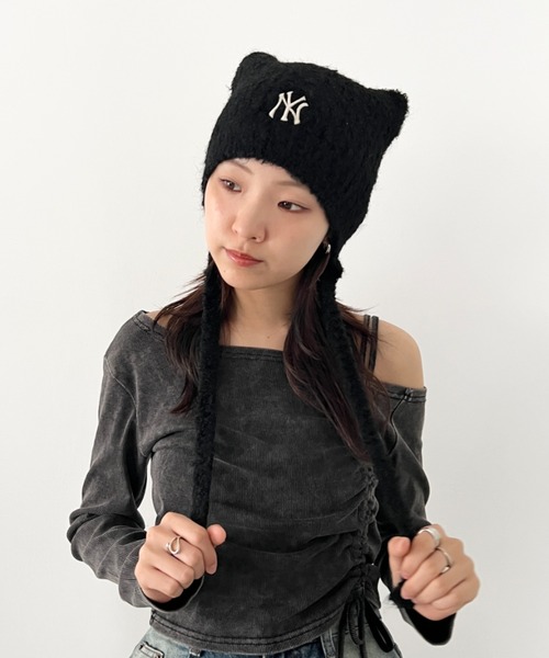 韓国　MLB korea 猫耳　ニット帽　紐付き　ブラック 韓国 MLB korea 猫耳 ニット帽 紐付き ブラック