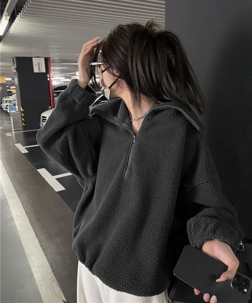 トレーナー スウェット ルーズハーフジップ スタンドネックプルオーバー レディース | lulufa | 09