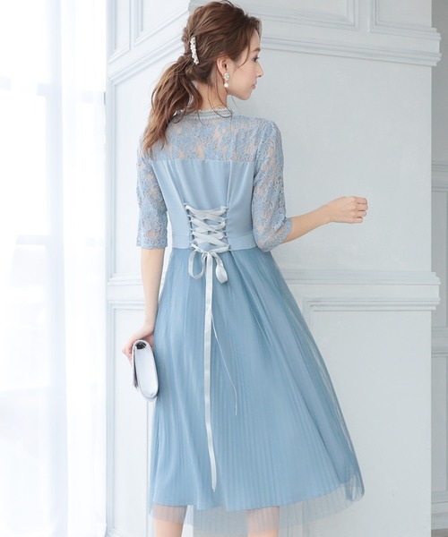 美品 PourVous パーティドレス オケージョンドレス プリーツ レース М セール】七分袖&ミモレ丈 パーティー ドレス レース&プリーツ 大きい