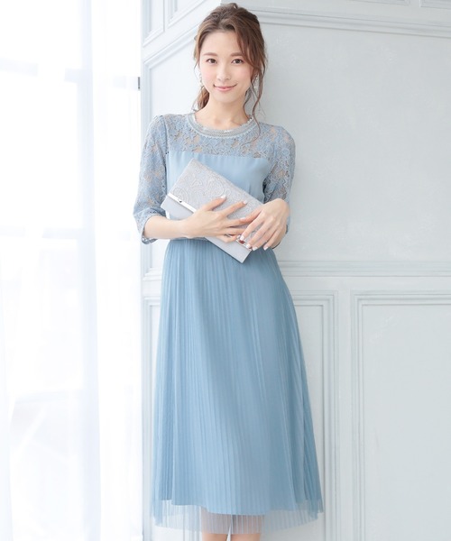 美品 PourVous パーティドレス オケージョンドレス プリーツ レース М セール】七分袖&ミモレ丈 パーティー ドレス レース&プリーツ 大きい