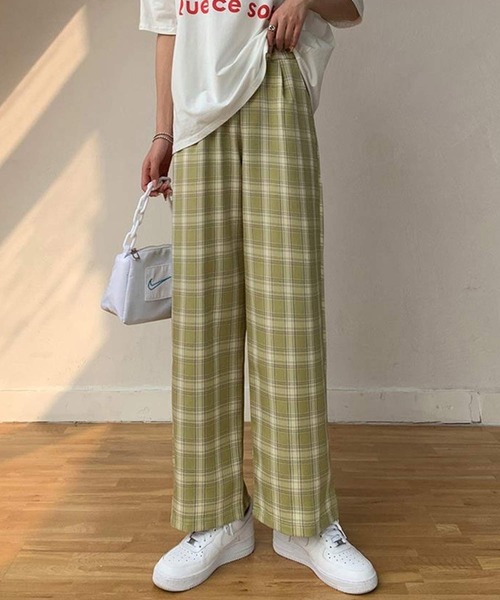 shopnikoniko パンツ ギンガムチェック ワイドパンツ レディース