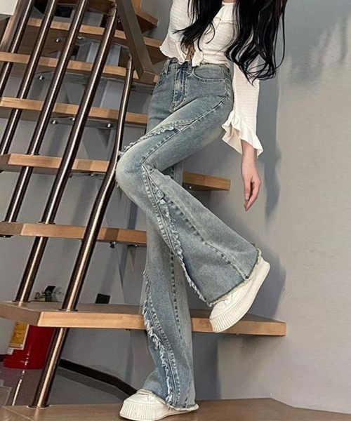 ローライズデニムパンツ　フレアデニム　ブーツカットデニム　ダメージ加工 denim-9-2-a.jpg