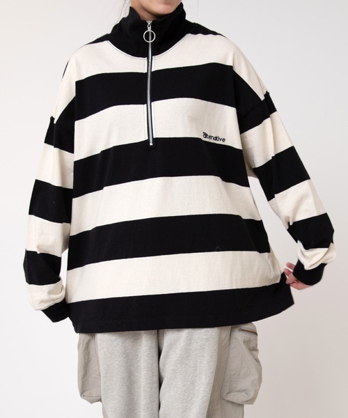 tシャツ M2347 ワイドボーダーハーフＺＩＰ　プルオーバー レディース