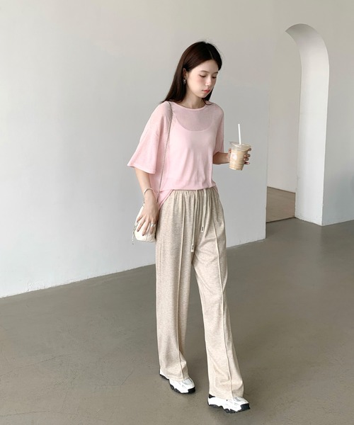 パンツ さらてろ素材ピンタックストレートパンツ 3丈展開／美脚