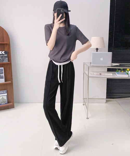パンツ さらてろ素材ピンタックストレートパンツ 3丈展開／美脚