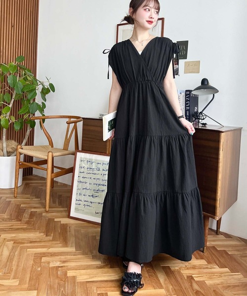 ワンピース コットンワッシャーシャーリングリボンカシュクールフレンチスリーブティアードワンピース | moment+ | 16