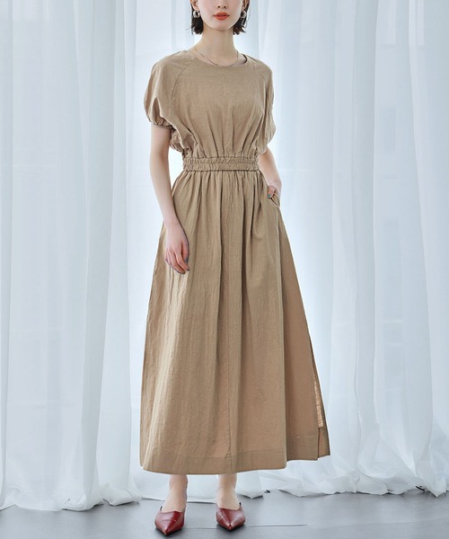 【値下げ】ベージュ　セットアップ　ワンピース　新品 SALE] ノーカラー袖スリットベージュジャケット×ノースリーブ膝下