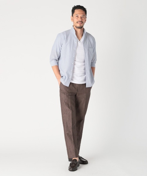 メンズビギ（MEN’S BIGI）/カラミ織風サッカー七分袖スタンドカラーシャツ MEN'S BIGI（メンズビギ） シャツ カラミ織風サッカー七分袖スタンド