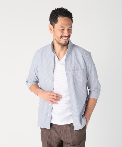 MEN'S BIGI（メンズビギ） シャツ カラミ織風サッカー七分袖スタンド