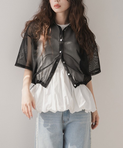 新品 DIESEL シアートップス メッシュ 半袖 ブラック S rectangle（レクタングル） ブラウス シャツ 夏 半袖 ドロストシアー