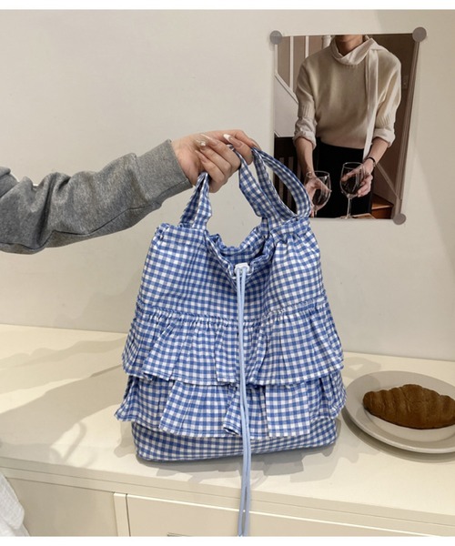 haru様オーダー フリルキルト大容量トート　ヌビバッグ風　アーカイブギンガム Outfitter lab｜リボンギンガムチェックパターンフリルトート