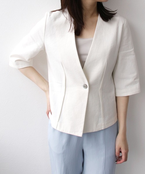 「DRESSLAVE」 ノーカラージャケット 38 ベージュ レディース_画像2