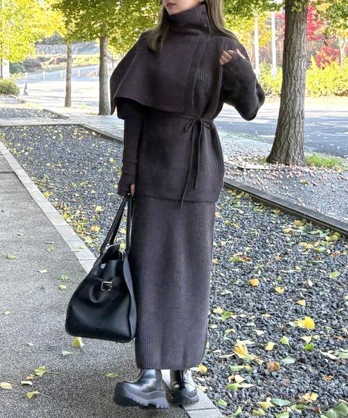 briefing 長袖ハイネックトップスとダウンスカート秋冬用 セットアップ cape half sleeve knit skirt 4 set /ハイネックケープ付