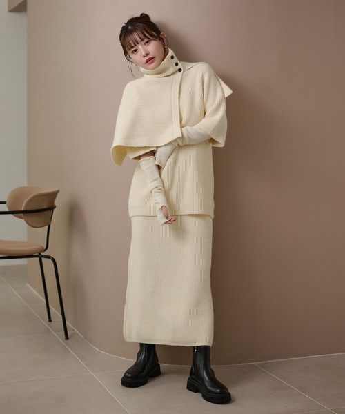 セットアップ cape half sleeve knit skirt 4 set /ハイネックケープ付
