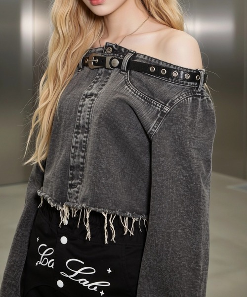A'GEM/9 × .kom 「.KOM/ドットケーオーエム」 Grunge Denim Cut-Off Off-Shoulder Top/グランジ系