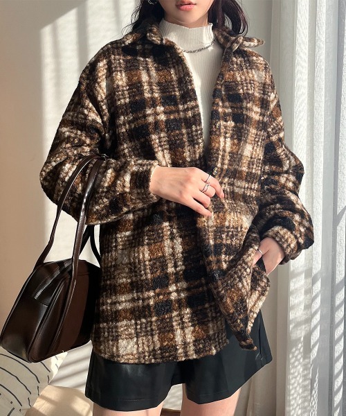 コート アウター ブークレチェック柄 BIGシャツジャケット レディース