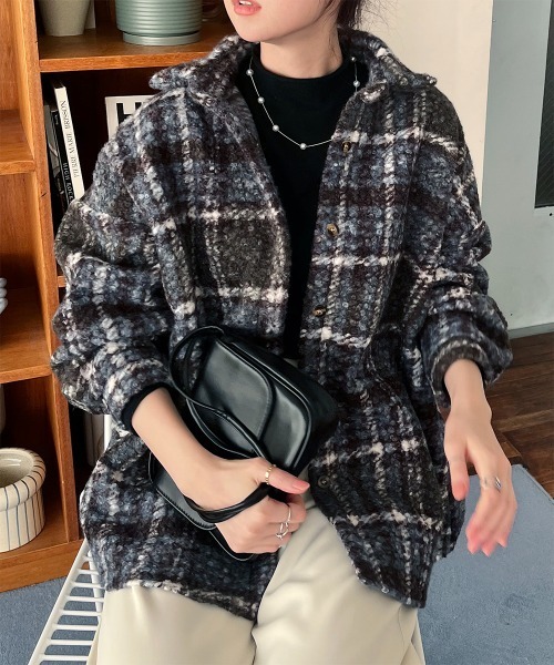 コート アウター ブークレチェック柄 BIGシャツジャケット レディース コート アウター ブークレチェック柄 BIGシャツジャケット レディース