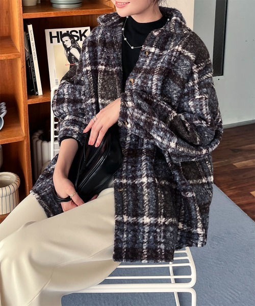 コート アウター ブークレチェック柄 BIGシャツジャケット レディース