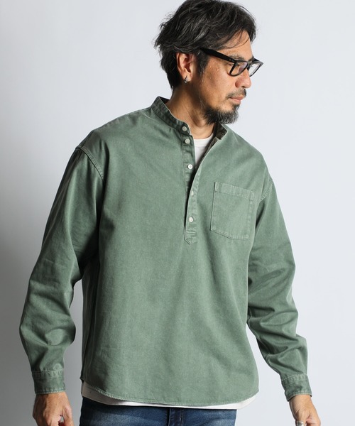 良品 マカフィー 日本製 光沢感 オーバーサイズ バンドカラー 長袖シャツ 緑 The DUFFER of ST.GEORGE（ザダファーオブセントジョージ） シャツ