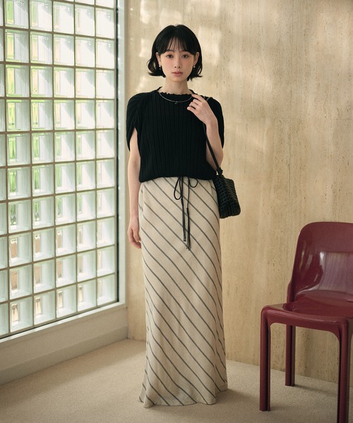 ロング スカート cotton linen stripe long skirt /コットンリネン
