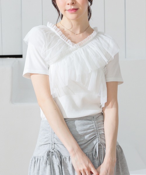 Honeys（ハニーズ） tシャツ 半袖 チュールフリルトップス レディース