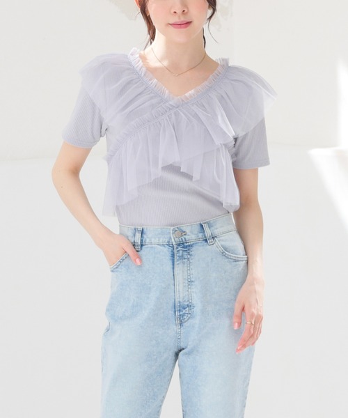 Honeys（ハニーズ） tシャツ 半袖 チュールフリルトップス レディース